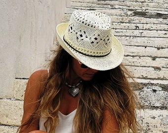 Tresse noire Chapeau fedora de plage, chapeau de paille, chapeaux de soleil, chapeaux pour femmes