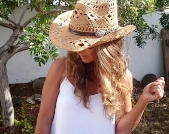 Boho kowbojskie kapelusze dla kobiet, boho kowbojski kapelusz słomkowy, Bride Straw Custom Hat, Personalizowane prezenty, Prezent dla niej, Prezenty urodzinowe i spersonalizowane