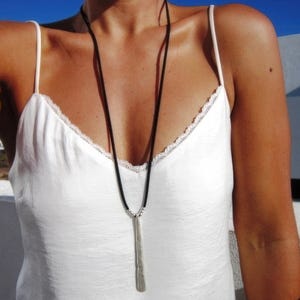 Long silver and leather necklace, casual simple boho chic jewelry, bohemian handmade jewelry made to order, designs by kekugi