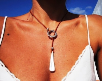 Silver beaded and leather Y lariat necklace with charm • Bohemian jewelry