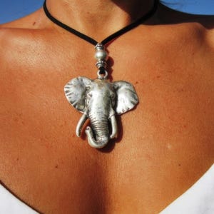 elephant pendant necklace, Long silver and leather necklace, bohemian handmade jewelry made to order, designs by kekugi