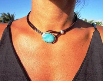 Turquoise Leather Choker Necklace: Sterling Silver Plated Statement Jewelry