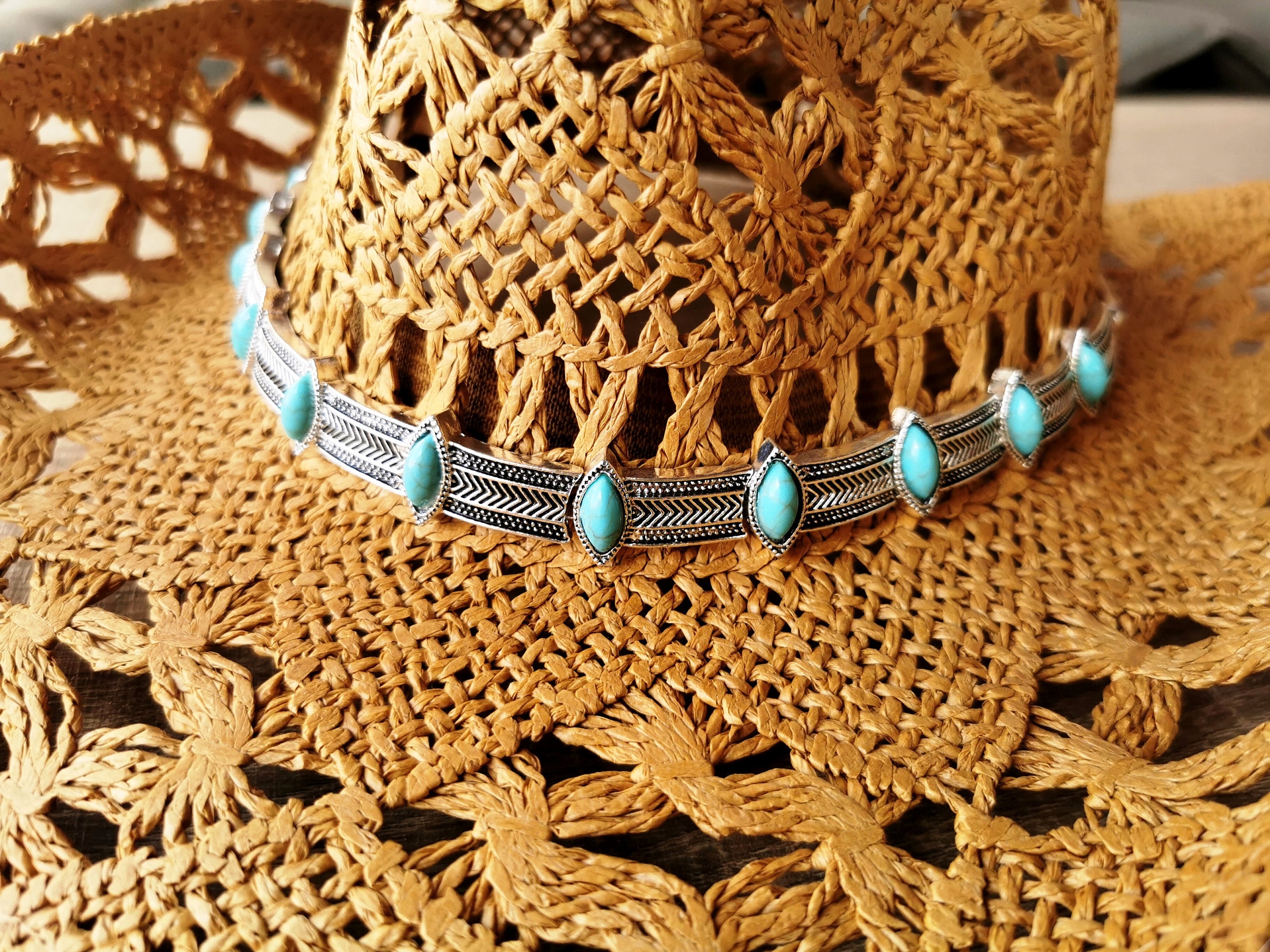 Turquoise Bohemian Cowgirl Straw Hat, Boho Cowboy Hats for Women