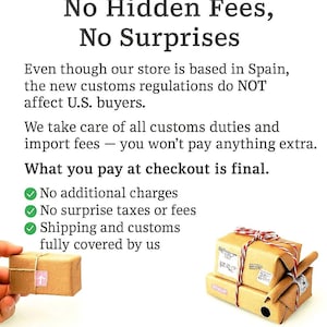 The image is a promotional poster for a store that does not charge hidden fees or surprise additional charges. It emphasizes the store's commitment to transparency and customer satisfaction, stating that the final price at checkout is the final price, and that the store takes care of all customs duties and import fees. The poster also encourages customers to shop with confidence, knowing that their order is fully protected and worry-free.