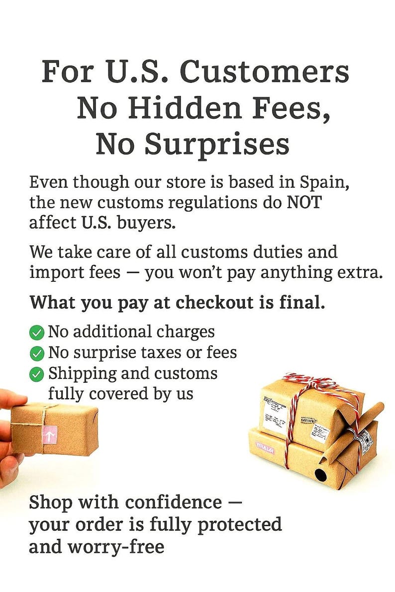 The image is a promotional poster for a store that does not charge hidden fees or surprise additional charges. It emphasizes the store's commitment to transparency and customer satisfaction, stating that the final price at checkout is the final price, and that the store takes care of all customs duties and import fees. The poster also encourages customers to shop with confidence, knowing that their order is fully protected and worry-free.