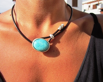 turquoise silver statement necklace for women, turquoise jewelry, choker necklace, Kekugi handmade jewelry