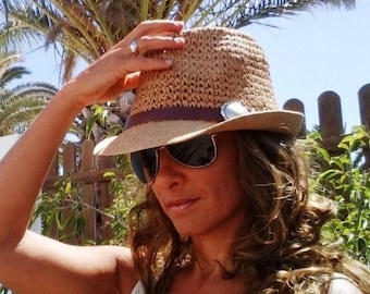 Crochet Custom Straw fedora hat for women • Bride bachelorette party