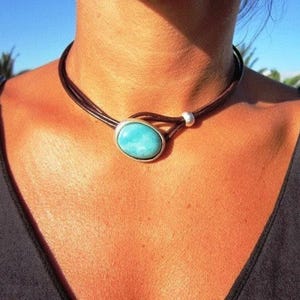 Turquoise Leather Choker Necklace: Sterling Silver Plated Statement Jewelry