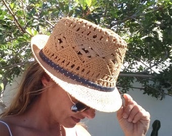 Crochet Custom Straw fedora hat for women • Bride bachelorette party