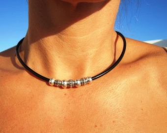 Statement silver beaded pendant necklace with chunky charm • Bohemian jewelry
