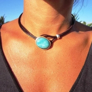 Turquoise Leather Choker Necklace, Sterling Silver Plated Statement Jewelry, by Kekugi