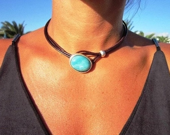Turquoise Leather Choker Necklace, Sterling Silver Plated Statement Jewelry, by Kekugi