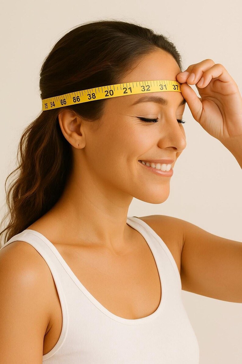 A woman measures her head with a yellow measuring tape, smiling as she looks at the numbers on the tape.