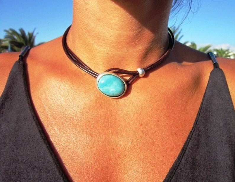 NATURAL TURQUOISE Leather Cord Necklace 250v