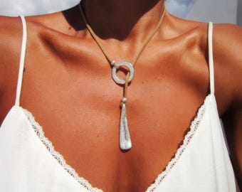 Silver beaded and leather Y lariat necklace with charm • Bohemian jewelry