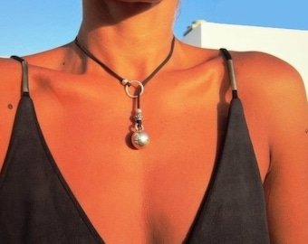 Silver beaded and leather Y lariat necklace with charm • Bohemian jewelry
