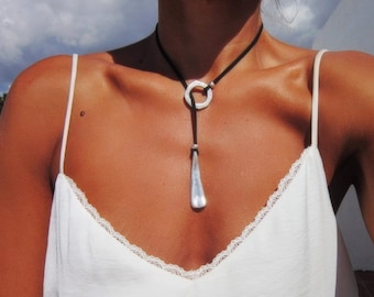 Silver beaded and leather Y lariat necklace with charm • Bohemian jewelry