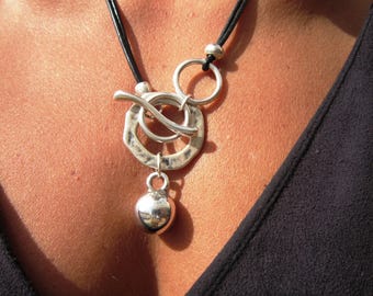 Long silver statement necklace for women, leather handmade jewelry