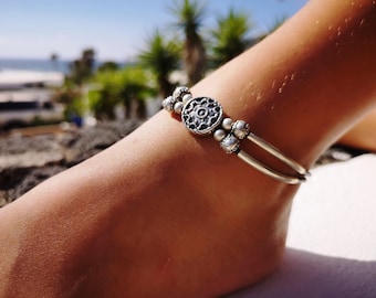 silver ankle bracelet with charm, leather beaded Anklets for Women