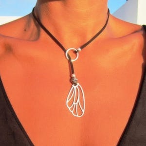 butterfly wing necklace, statement boho chic silver pendant necklace, bohemian boho chic jewelry, leather handmade jewelry