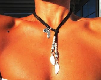 Silver beaded and leather Y lariat necklace with charm • Bohemian jewelry