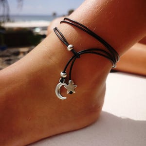 silver ankle bracelet with moon and star charm, leather beaded Anklets for Women, boho jewelry by kekugi