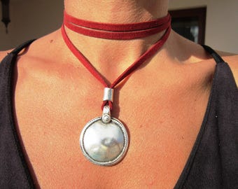 wrap statement choker necklace with chunky silver pendant