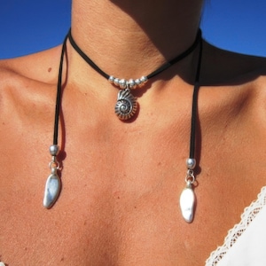 Seashell wrap necklace, handmade jewelry, boho jewelry, bohemian beach style, summer jewelry