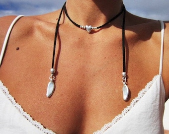 Minimal wrap necklace, beaded boho jewelry, leather bohemian necklace, silver original necklaces, personalized jewelry