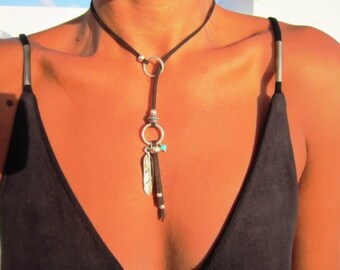 Silver beaded and leather Y lariat necklace with charm • Bohemian jewelry