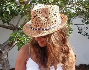 Navy Crochet Custom Straw fedora hat for women • Bride bachelorette party