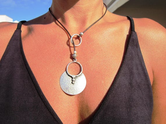 Silver beaded and leather Y lariat necklace with chunky charm • Bohemian jewelry