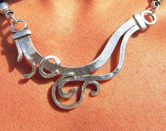 Statement silver beaded pendant necklace with chunky charm, Bohemian jewelry, Designs By Kekugi