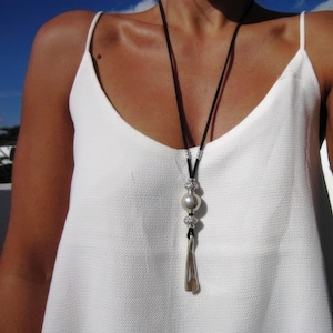 Long boho necklace, Bohemian hippy jewelry,  silver beaded and leather
