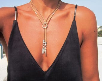 Silver beaded and leather Y lariat necklace with charm • Bohemian jewelry