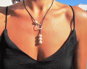 Silver beaded and leather Y lariat necklace with charm • Bohemian jewelry