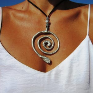 Large spiral silver pendant, Long silver and leather necklace, casual simple boho chic jewelry, bohemian handmade jewelry designs by kekugi