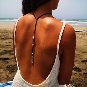 bohemian necklaces, backdrop necklace, boho bareback minimalist handmade jewelry, back silver jewelry, Y necklace, lariat necklace,