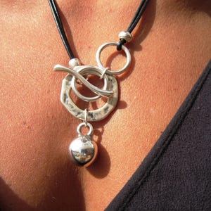 Long silver statement necklace for women, leather handmade jewelry
