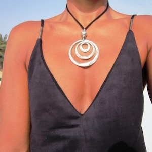 spiral pendant Long silver and leather necklace, casual simple boho chic jewelry, bohemian handmade jewelry made to order, designs by kekugi