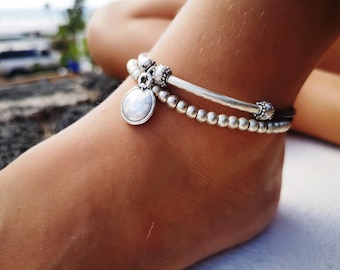 delicate disk ankle bracelet, silver and leather beaded Anklets for Women