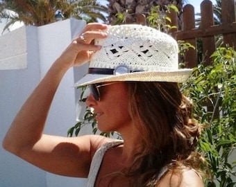 Crochet Custom Straw fedora hat for women • Bride bachelorette party
