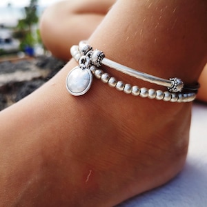 delicate disk ankle bracelet, silver and leather beaded Anklets for Women