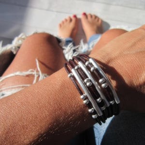 silver and leather bracelet, beaded friendship bracelets,  custom personalized jewelry gifts for her by kekugi