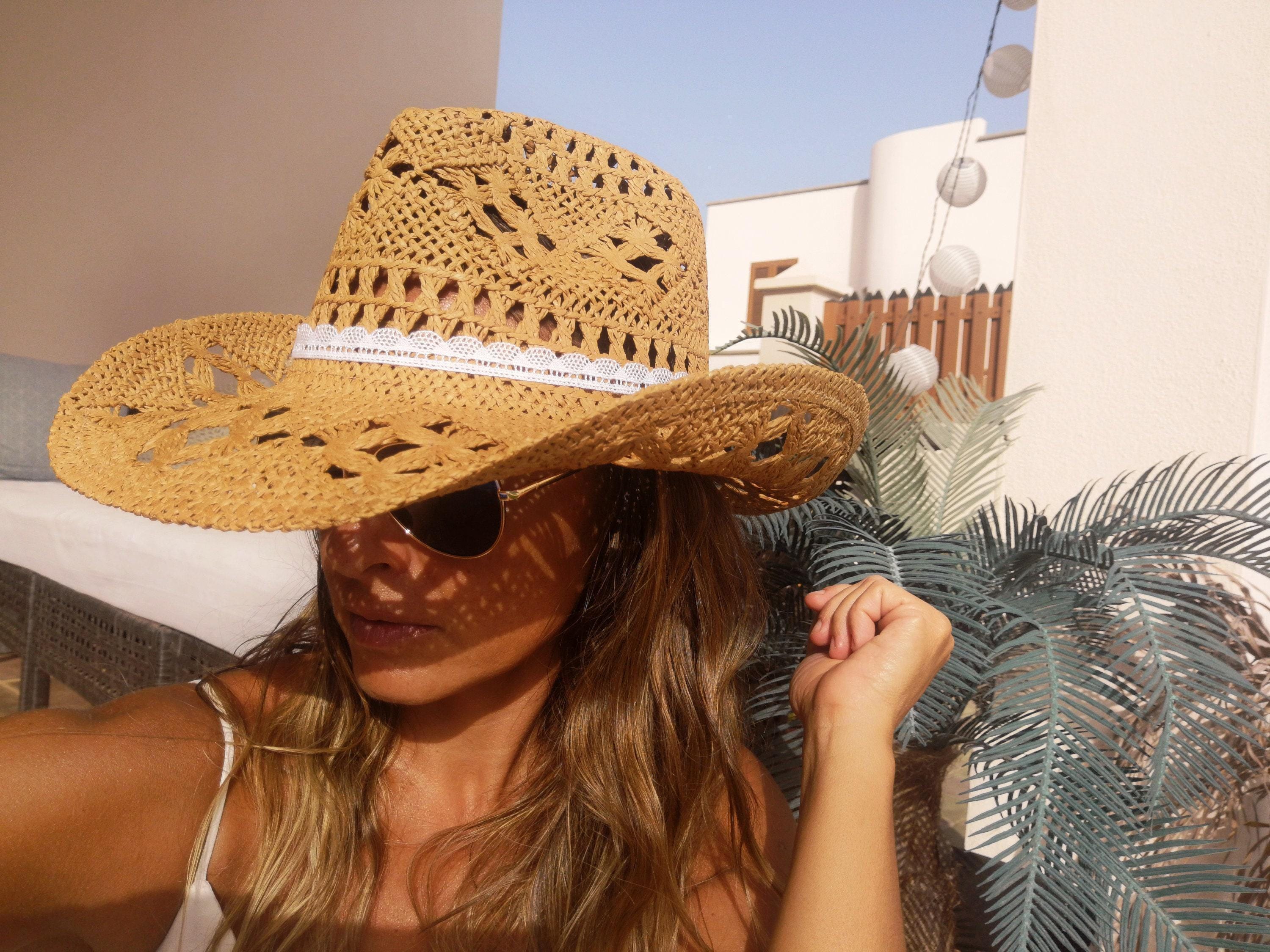 Crocheted Raffia Straw Cowboy-Style Coastal Cowgirl Beach Hat in OS (Fits Most) Raffia Straw Cowboy Hat | Lack of Color [US] main image 2