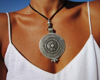 Statement silver beaded pendant necklace with charm • Bohemian handmade jewelry