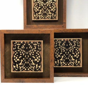 The Arabesque® Brown, Navy Blue, and Gold 10&quot; x 10&quot;  Shadow Box Frame With Engraved and Handpainted  Medieval Mamluk Wooden Arabesque Plaque