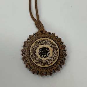 The Arabesque® Wooden Engraved Pendant with Adjustable 18&quot; Leather Cord Necklace with a Medieval Bunny and Arabesque Design