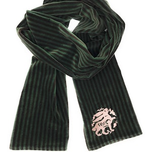 The Arabesque&#39;s Brown And Green Reversible Bunny Scarf. All-Year Stylish Poly Cotton Blend Handmade Scarf With Embroidered Medieval Hare