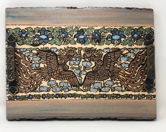 The Arabesque® Handcrafted Decorative Coffee Table or Ottoman Tray with Woodburned and Painted Medieval Ilkhanid Phoenix Pattern